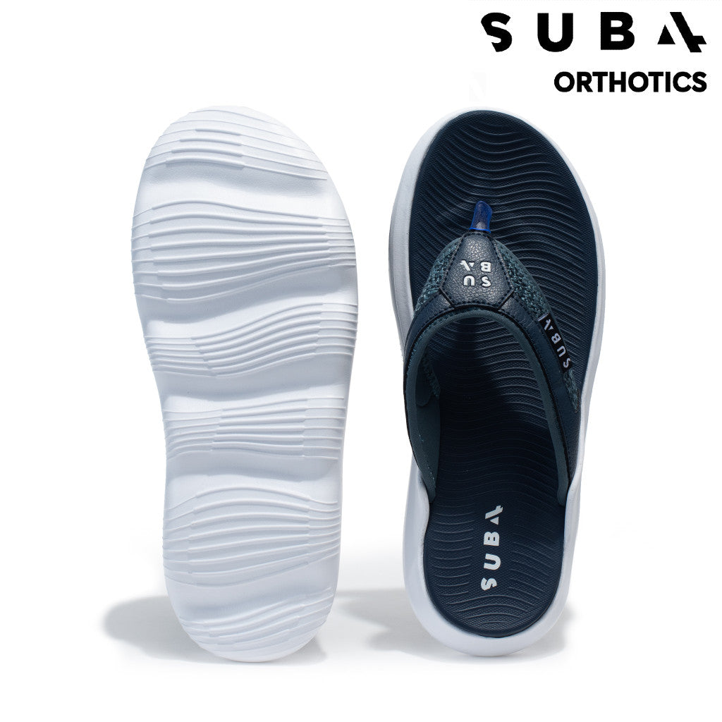 Navy sandal with white sole and 'Sub4' Orthotics' branding on a white background