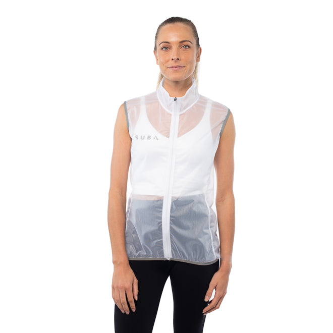 Woman wearing a white sleeveless rain jacket with 'SUB4' branding on a white background