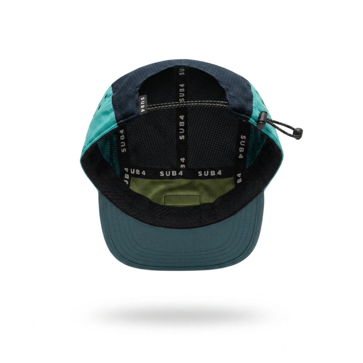 A neon yellow, turquoise and navy running cap with a small white 'SUB4' logo patch on the side, shown floating against a white background with a soft shadow underneath.
