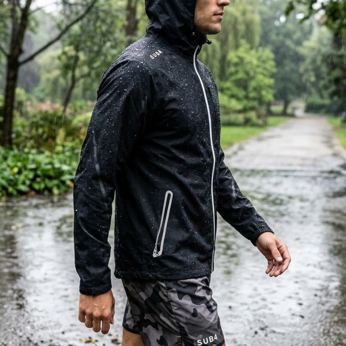 Person wearing a black rain jacket with white zippers walking on a rainy path in a park.