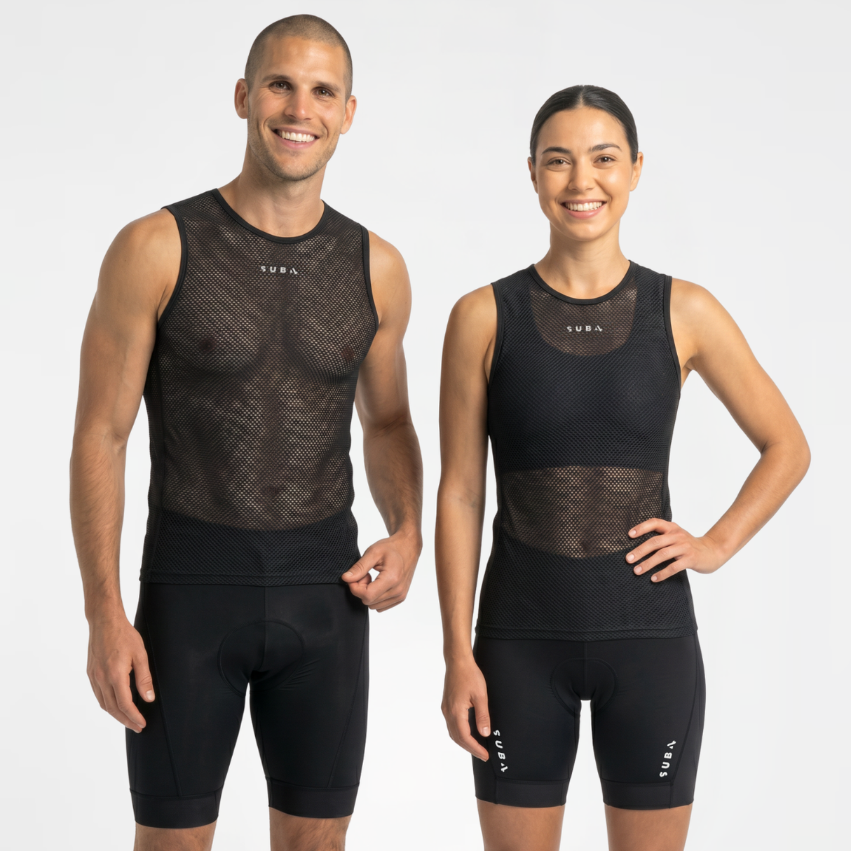 Man and woman wearing black cycling base layer mesh top on a white background