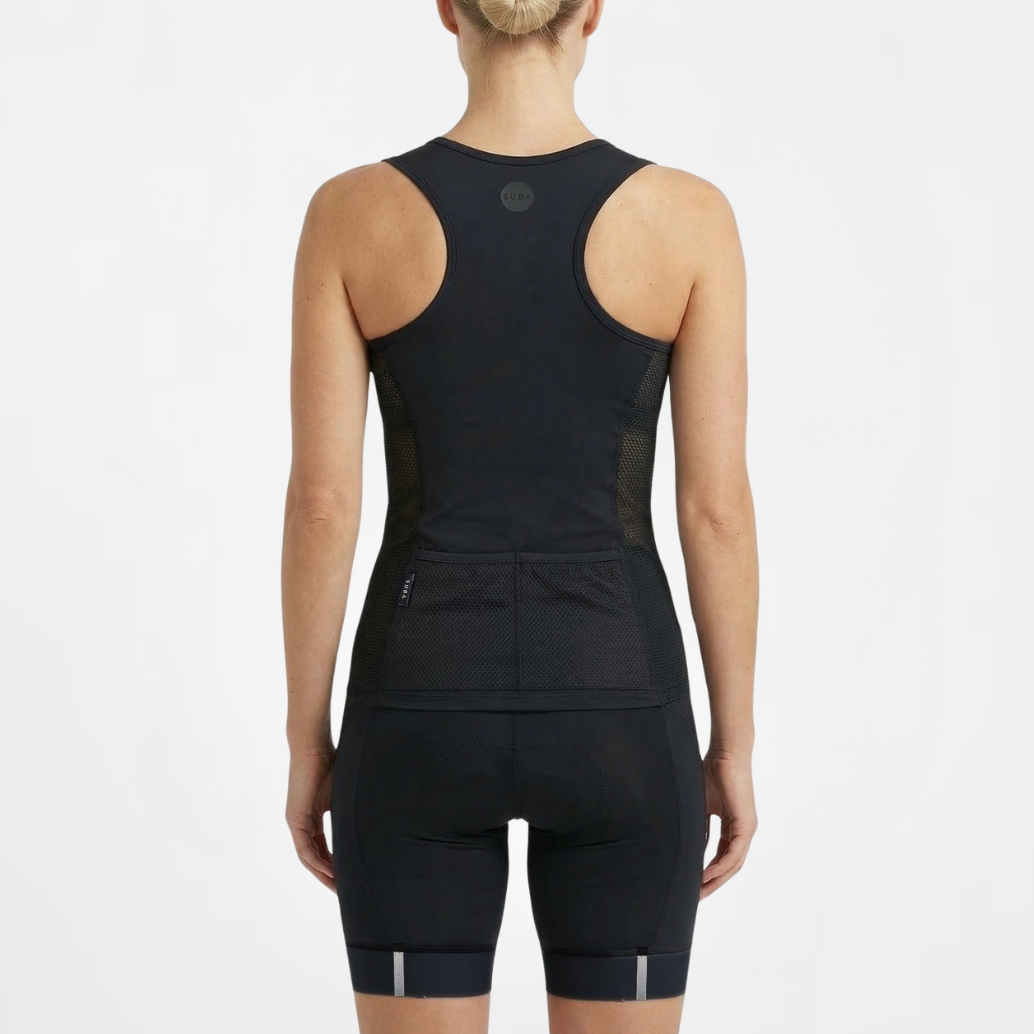 Person wearing a black athletic triathlon top and triathlon shorts on a white background