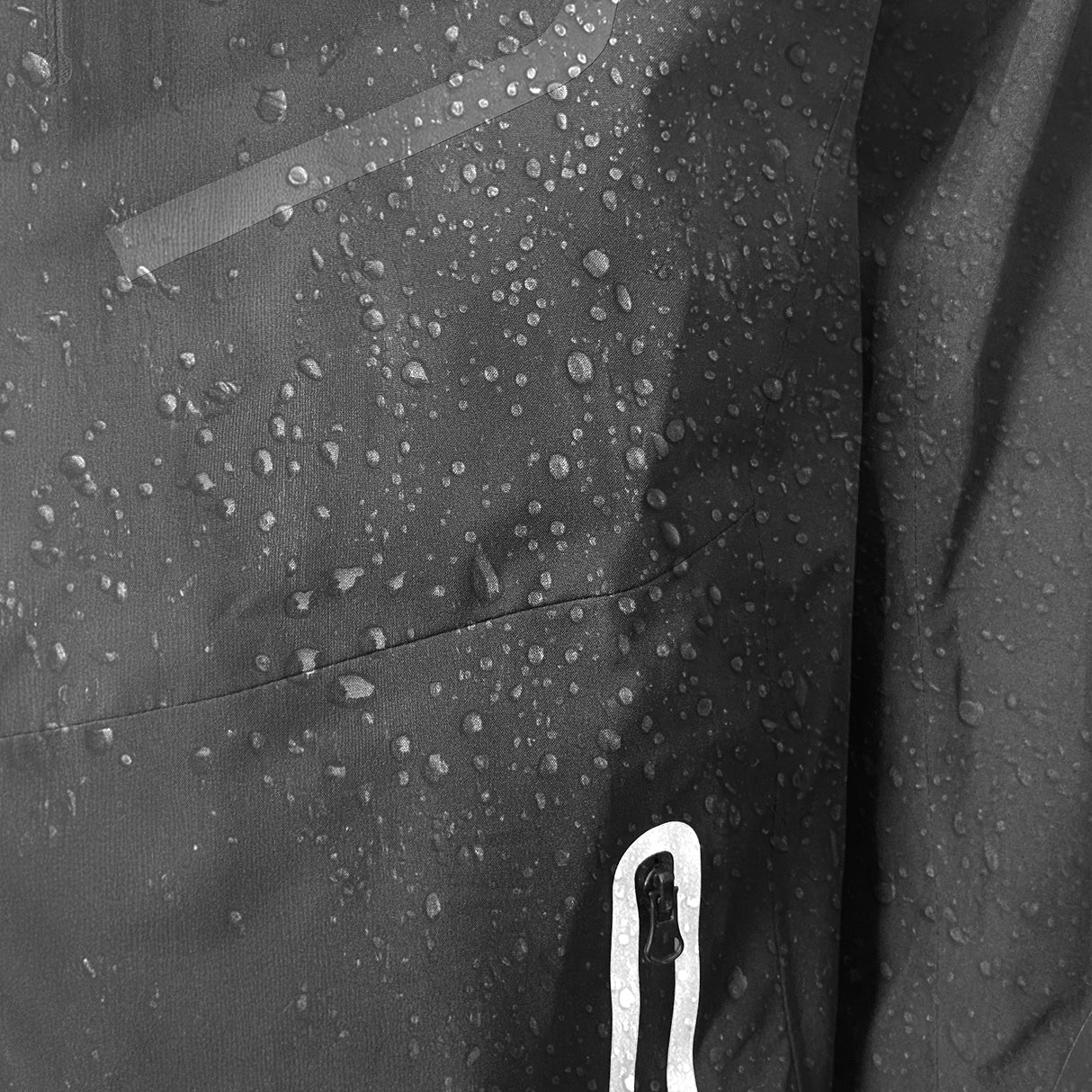 Close-up of a waterproof rain jacket with water droplets on the fabric