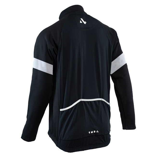 Black jacket with white stripes on sleeves and back, featuring a brand logo, on a white background.