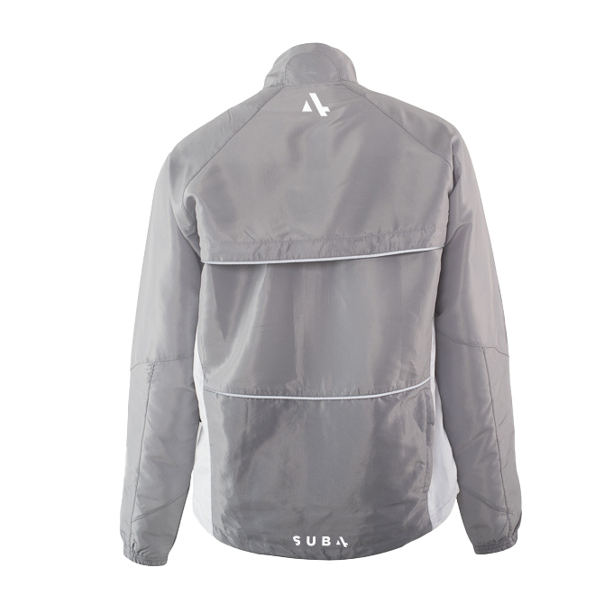Gray jacket with a brand logo on the back against a white background