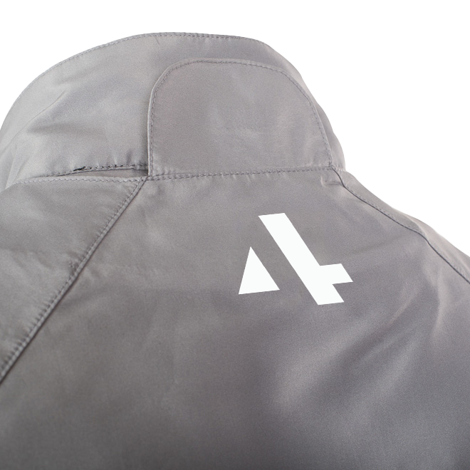 Gray jacket with a white logo on the back against a white background