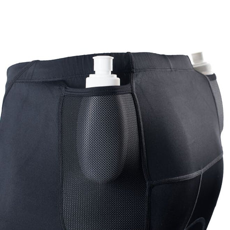 Black Triathlon shorts on white background pockets close up