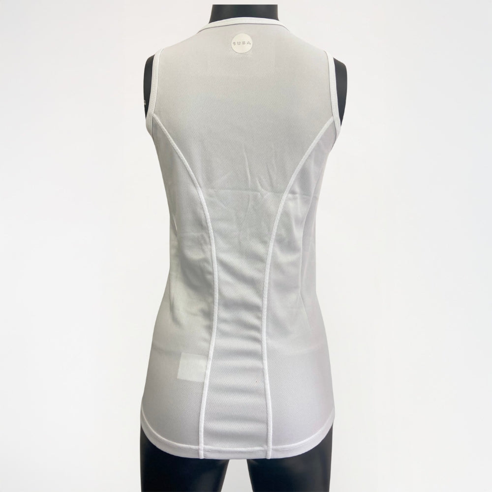 White sleeveless athletic top on a mannequin against a white background