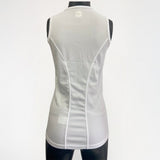 White sleeveless athletic top on a mannequin against a white background