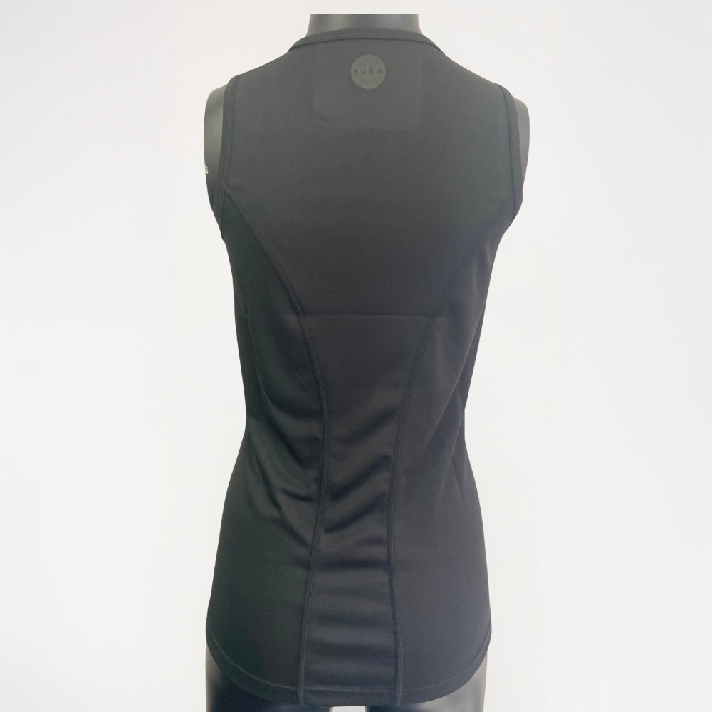 Black sleeveless top on a mannequin against a white background