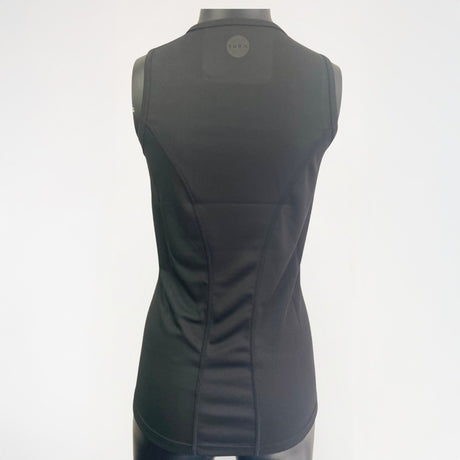 Black sleeveless top on a mannequin against a white background
