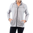 Person wearing a gray zip-up jacket on a white background