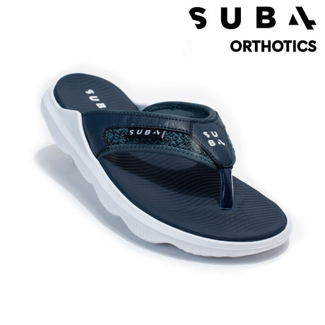 Navy blue sandal with white sole on a white background, featuring the SUB4 Orthotics logo.