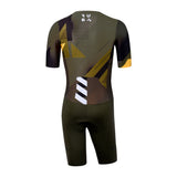 Triathlon suit with geometric pattern on a white background