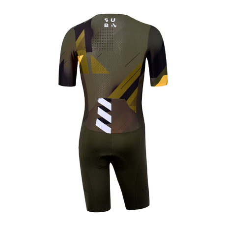 Triathlon suit with geometric pattern on a white background