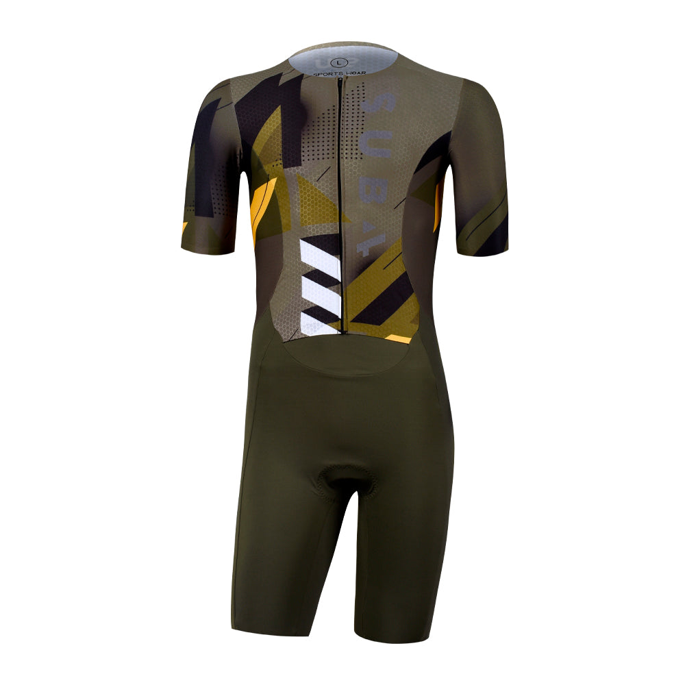 Green and black cycling suit with geometric patterns on a white background