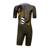 Green and black cycling suit with geometric patterns on a white background