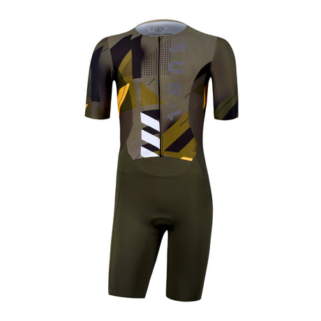 Green and black cycling suit with geometric patterns on a white background
