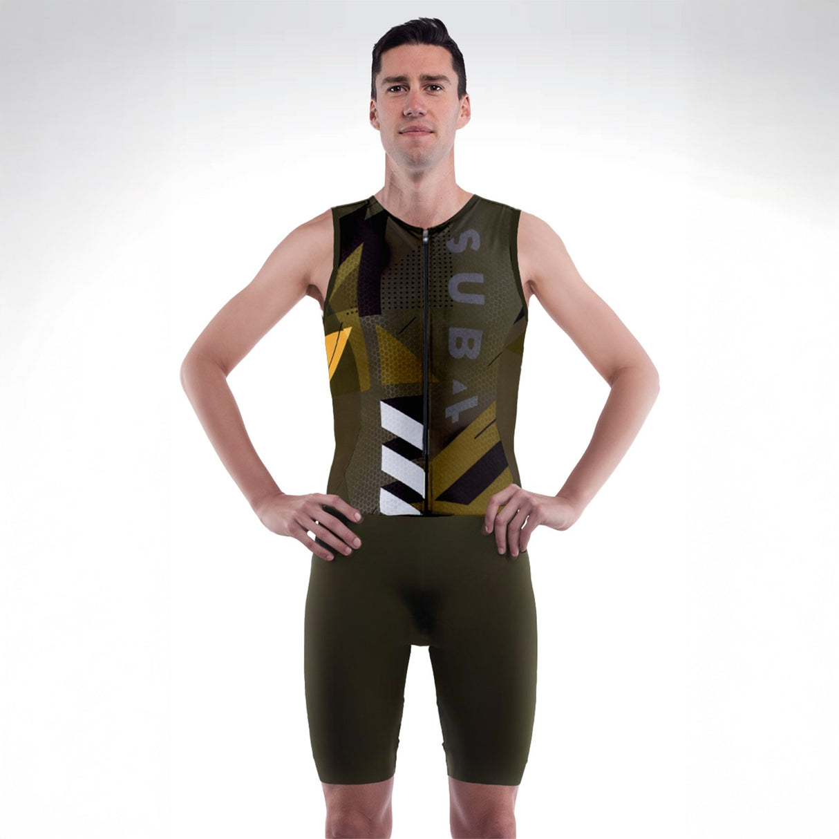 Person wearing a green and black Tri suit with geometric patterns on a white background