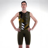 Person wearing a green and black Tri suit with geometric patterns on a white background
