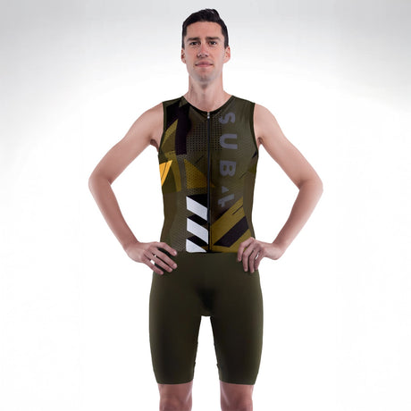 Person wearing a green and black Tri suit with geometric patterns on a white background