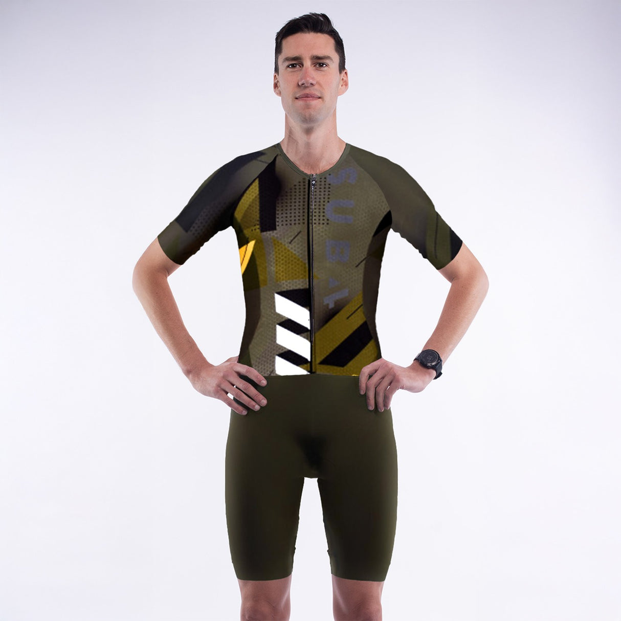 Person wearing a green and black athletic suit with 'SUB4' branding on a white background