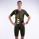 Person wearing a green and black athletic suit with 'SUB4' branding on a white background