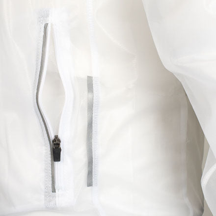 Close-up of a white jacket with a zipper on a mannequin.