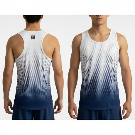 White tank top with blue gradient pattern on a mannequin against a white background