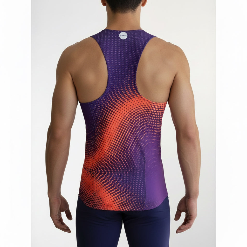 Purple and orange tank top with geometric pattern on a mannequin against a white background