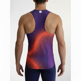 Purple and orange tank top with geometric pattern on a mannequin against a white background