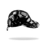 A black and grey running cap with a small hanging drawstring, shown floating against a white background with a soft shadow underneath.