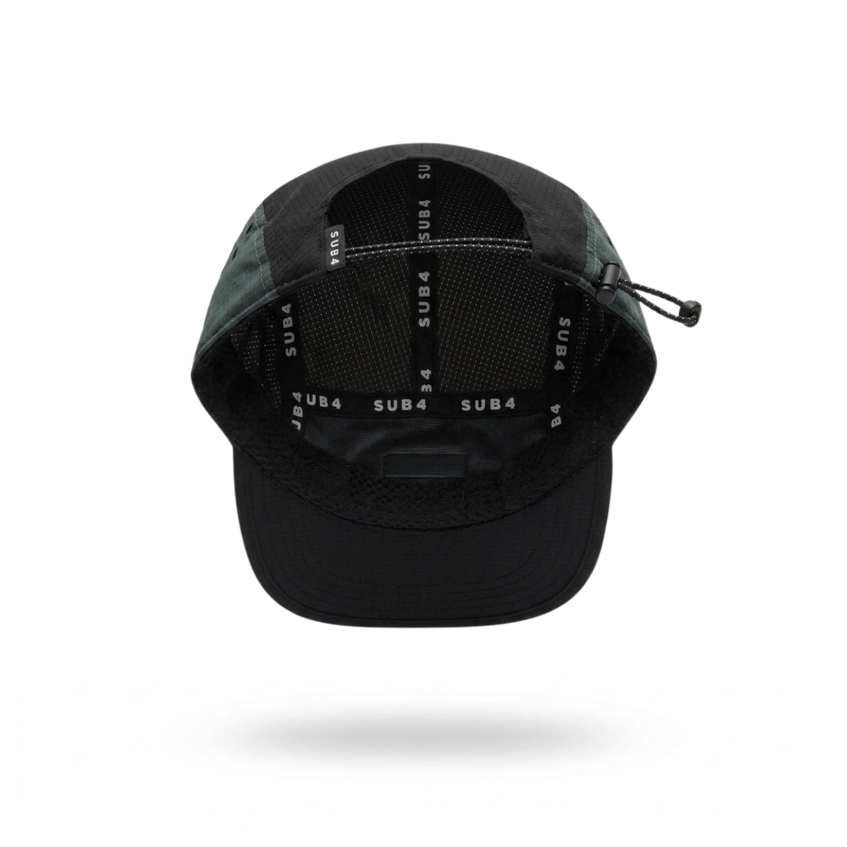 A black and coal teal running cap with a small white 'SUB4' logo patch on the side, shown floating against a white background with a soft shadow underneath.