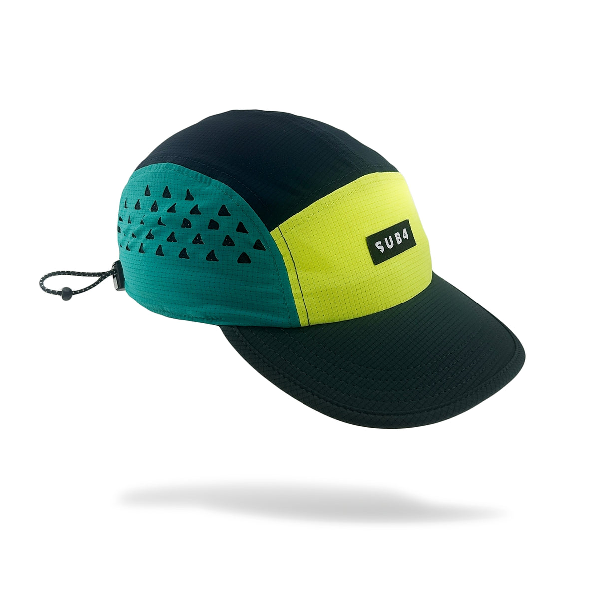 A neon yellow, turquoise and navy running cap with a small white 'SUB4' logo patch on the side, shown floating against a white background with a soft shadow underneath.