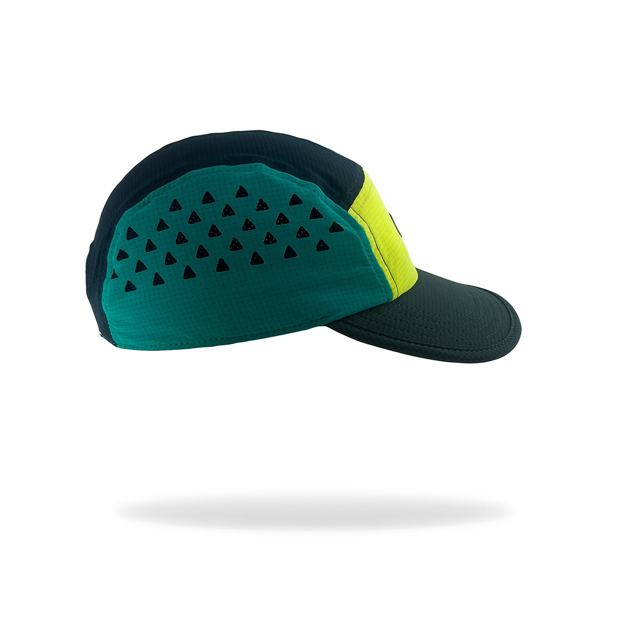 A neon yellow, turquoise and navy running cap with a small white 'SUB4' logo patch on the side, shown floating against a white background with a soft shadow underneath.
