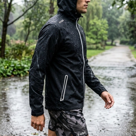 Person wearing a black rain jacket with white zippers walking on a rainy path in a park.