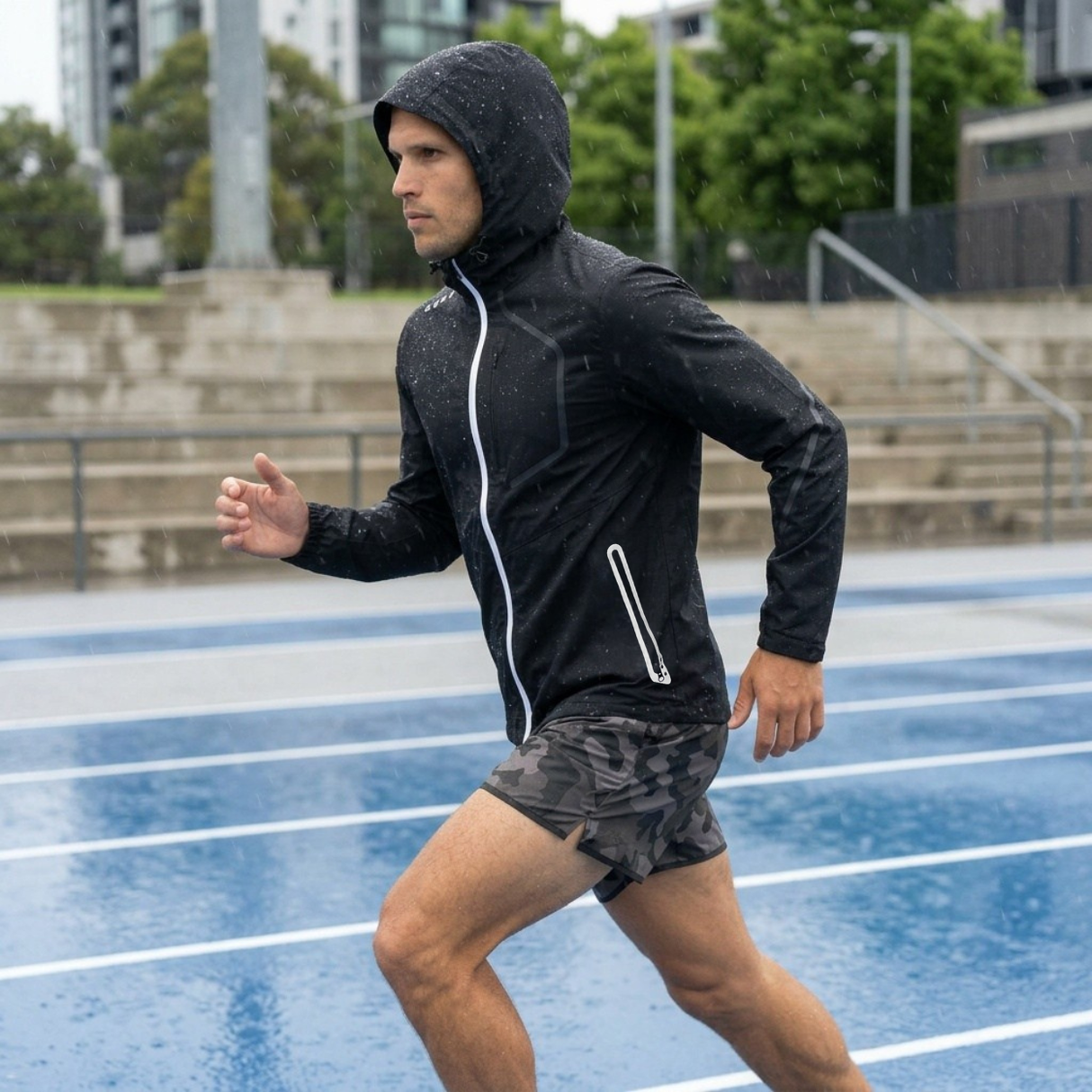 Person running on a track wearing a black jacket with a hood.