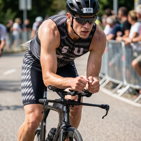 A male triathlete in a black and white patterned Tri-suit  on a road with spectators in the background.