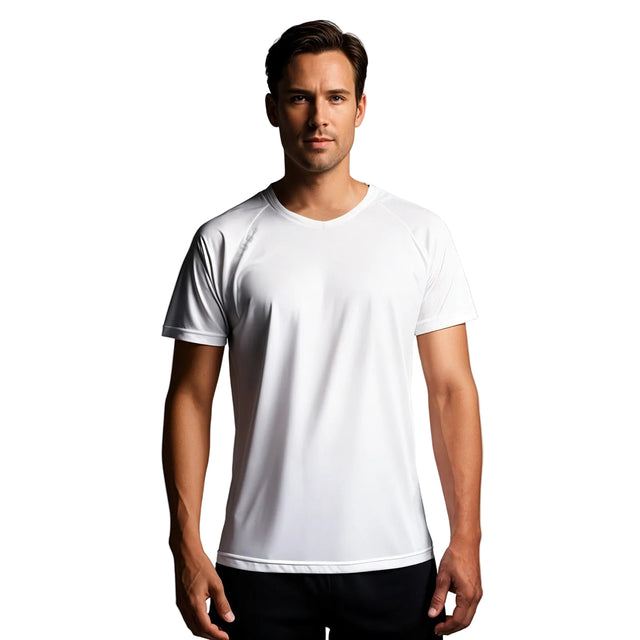 Man wearing a plain white t-shirt against a gray background