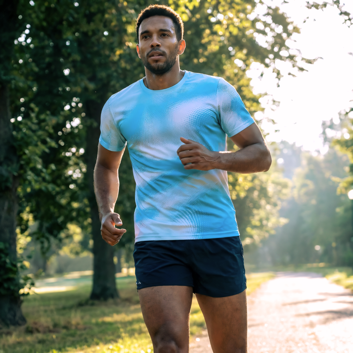Man wearing a sky blue running t-shirt with patterns and navy running shorts running outdoors on a path with trees in the background