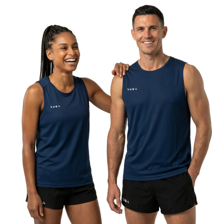 Man and woman wearing navy blue running tank tops with 'SUB4' branding on a white background.