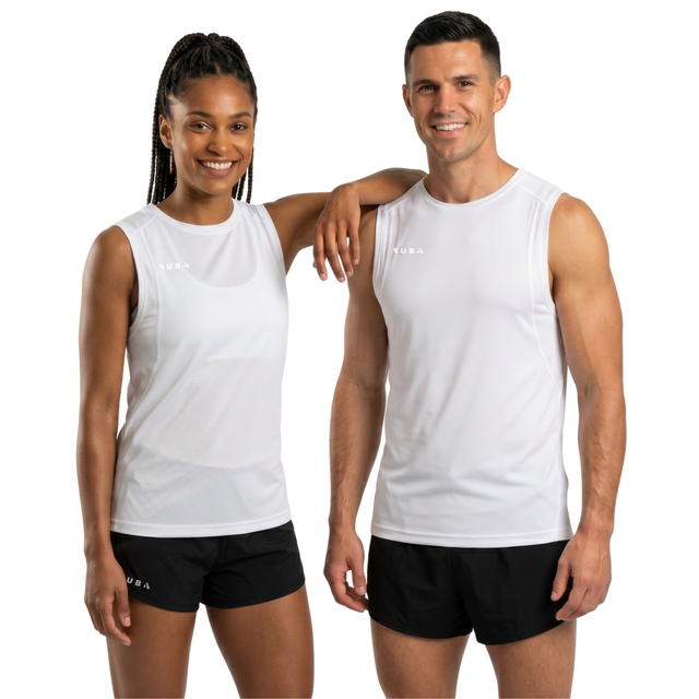 Man and woman wearing white running tank tops and black running shorts on a white background