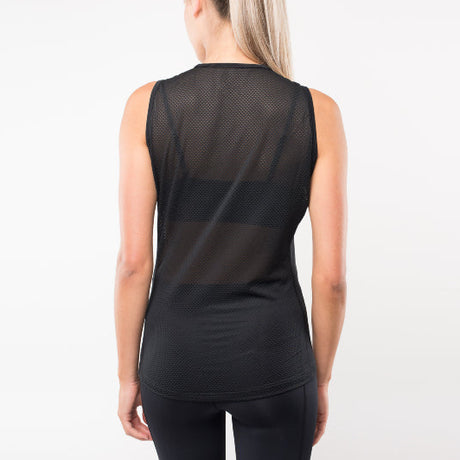 Back view of  woman wearing black cycling base layer mesh top on a white background