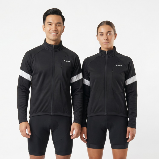 Person wearing black cycling jersey and shorts with white reflective accents on a light gray background