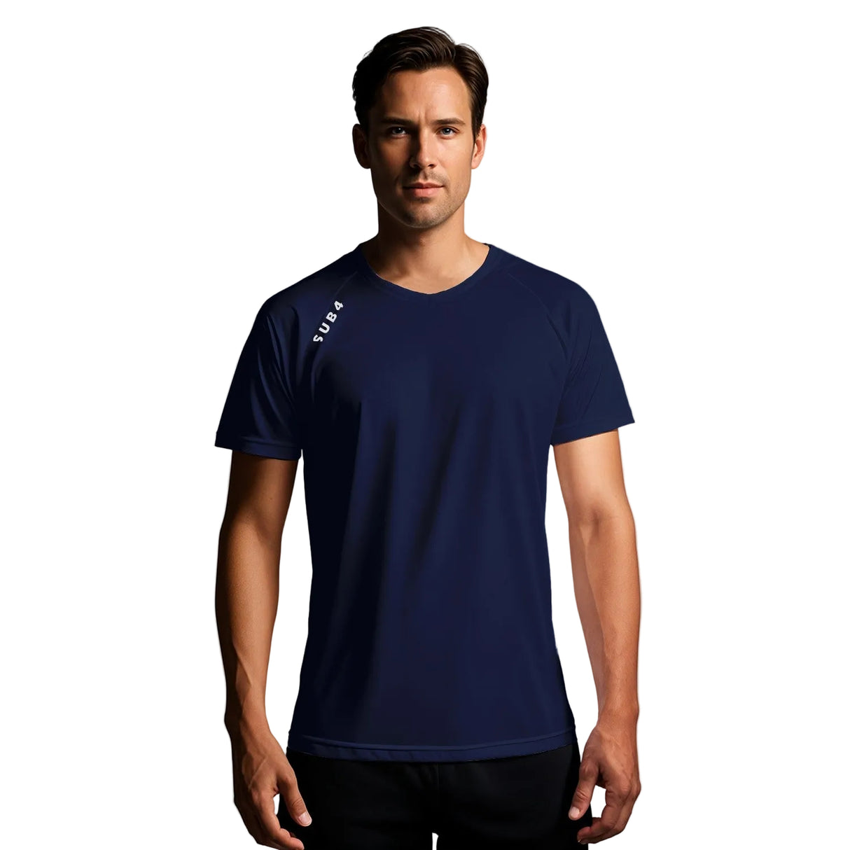 Man wearing a navy blue t-shirt with a brand logo on a gray background