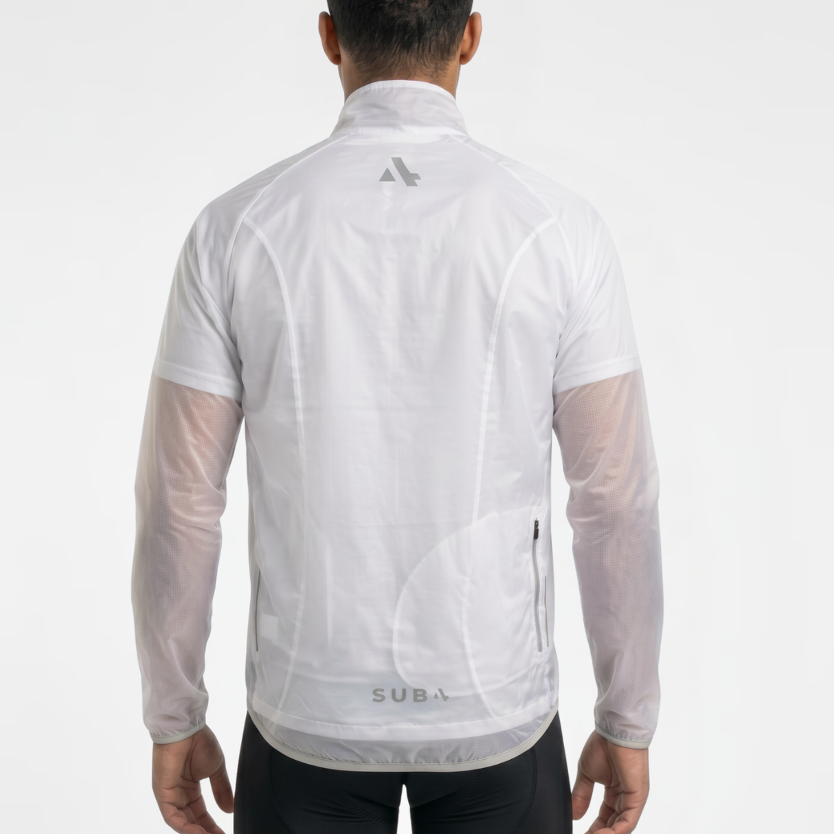 Back view of man wearing unisex translucent white long-sleeve rain jacket with SUB4 brand logo on a light gray background