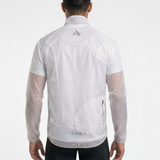 Back view of man wearing unisex translucent white long-sleeve rain jacket with SUB4 brand logo on a light gray background