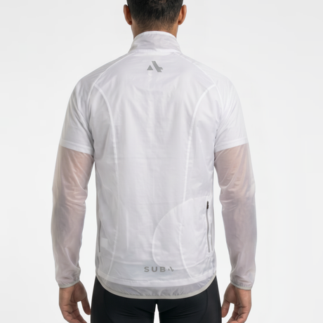 Back view of man wearing unisex translucent white long-sleeve rain jacket with SUB4 brand logo on a light gray background