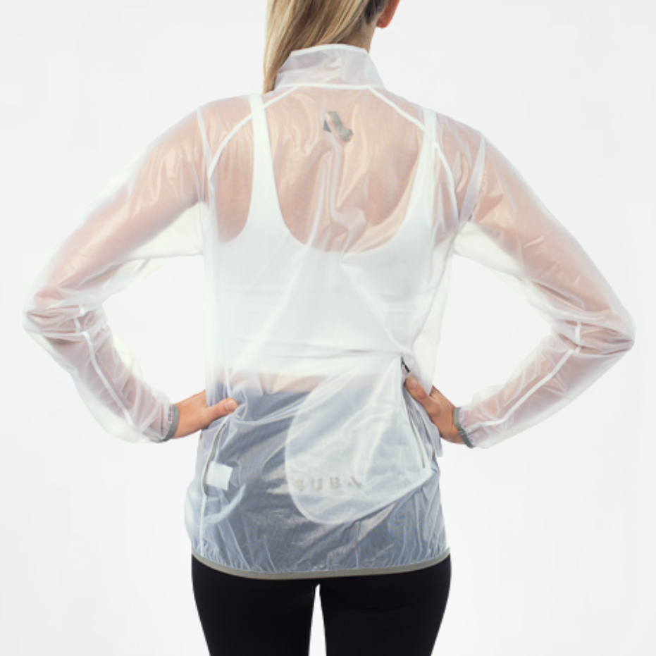 Back view of woman wearing a unisex translucent white long-sleeve rain jacket with SUB4 brand logo on a light gray background