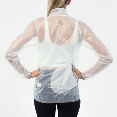 Back view of woman wearing a unisex translucent white long-sleeve rain jacket with SUB4 brand logo on a light gray background